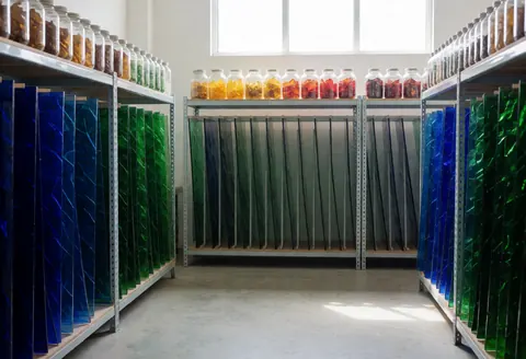 Entrepôt de verre décoratif avec des étagères métalliques, des feuilles de verre bleu et vert, et des bocaux contenant des fragments de verre aux tons chauds, éclairé par la lumière naturelle.