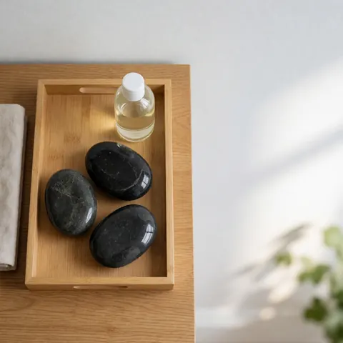 Vue de dessus d'un plateau en bois contenant trois pierres volcaniques chauffées, une petite bouteille d'huile et une serviette beige pliée, disposés pour un soin corporel.