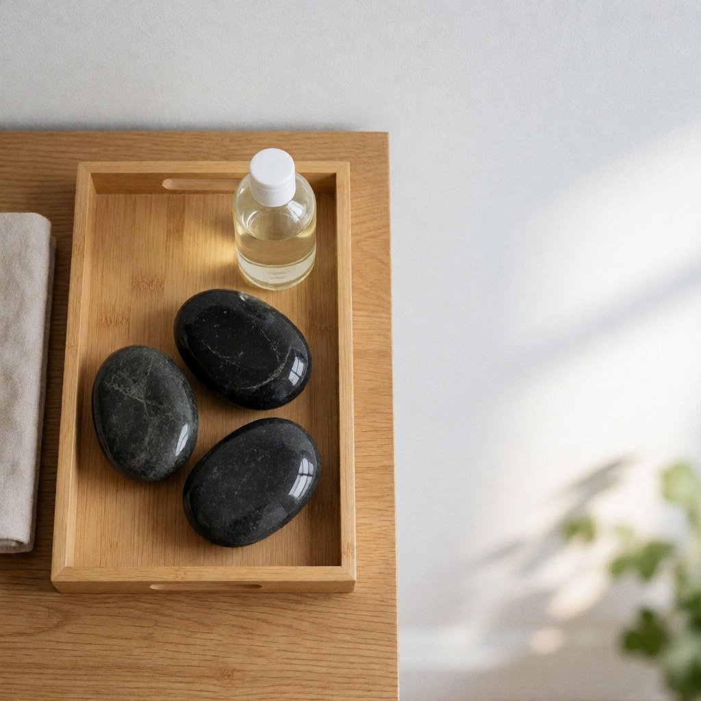 Vue de dessus d'un plateau en bois contenant trois pierres volcaniques chauffées, une petite bouteille d'huile et une serviette beige pliée, disposés pour un soin corporel.