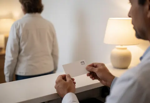 Un thérapeute pose une carte de rendez-vous avec un icône calendrier sur le bureau d'accueil pendant qu'une patiente s'éloigne.
