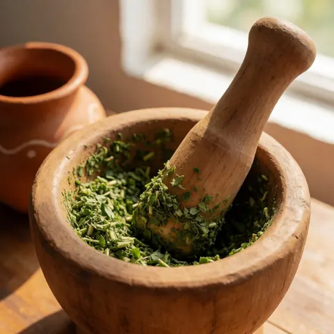 Un moulin en bois contenant des herbes fraîches est posé à côté d'un petit récipient en terre cuite, baigné de lumière naturelle.