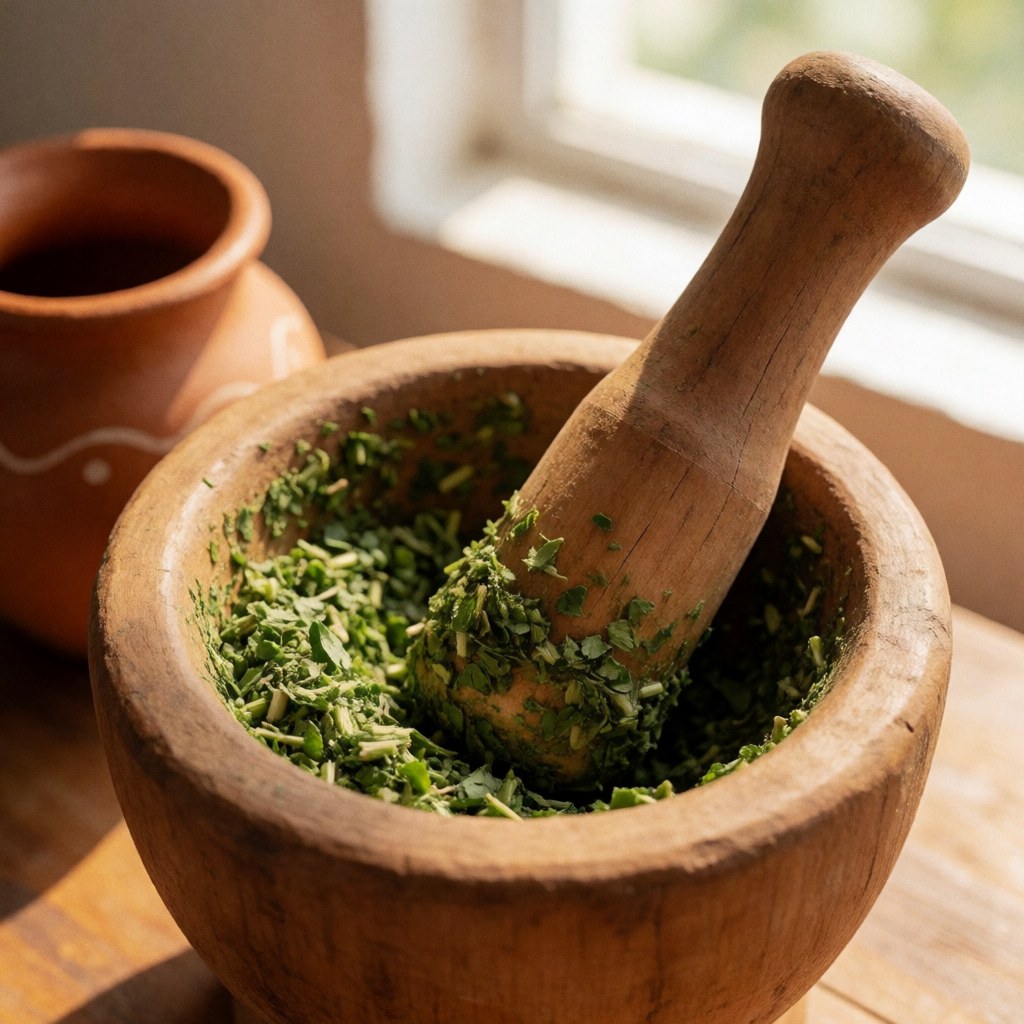 Un moulin en bois contenant des herbes fraîches est posé à côté d'un petit récipient en terre cuite, baigné de lumière naturelle.