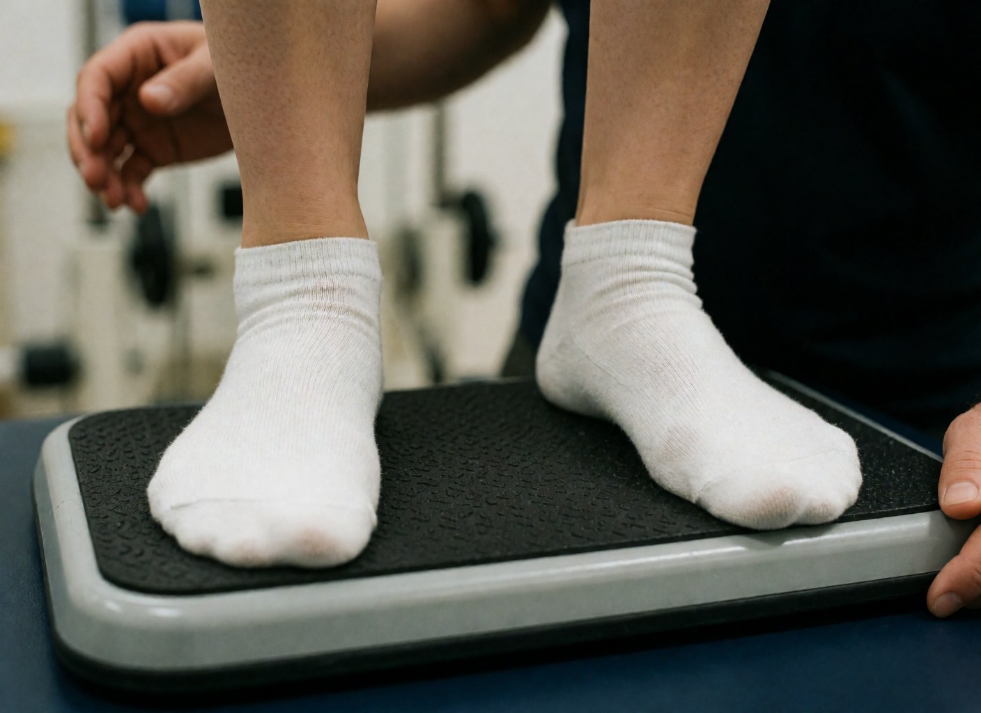 Gros plan sur les pieds d'une personne portant des chaussures de sport noires et un pantalon sombre, debout sur une planche d'équilibre blanche dans un environnement clinique.