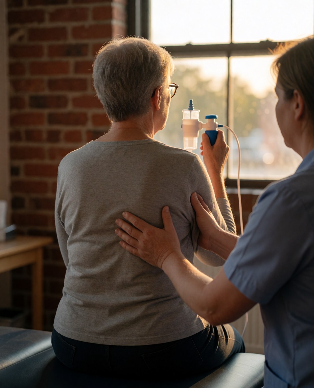 Un patient assis sur une table de kinésithérapie utilise un spiromètre tandis que le thérapeute lui soutient la poitrine.