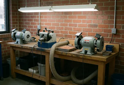 Station d'affûtage équipée de machines à affûter, mur en briques et éclairage au plafond, idéale pour la réparation d'outils.