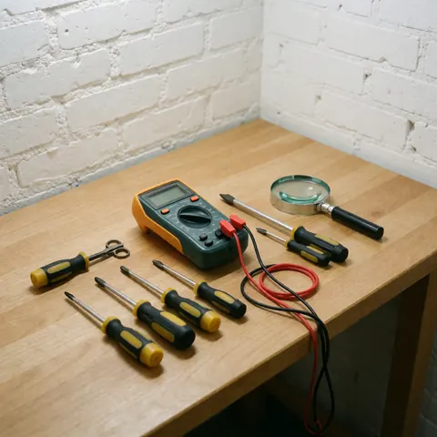 Vue rapprochée d'outils de diagnostic professionnels disposés sur un établi en bois, incluant un multimètre, des tournevis et une loupe pour réparation électronique.