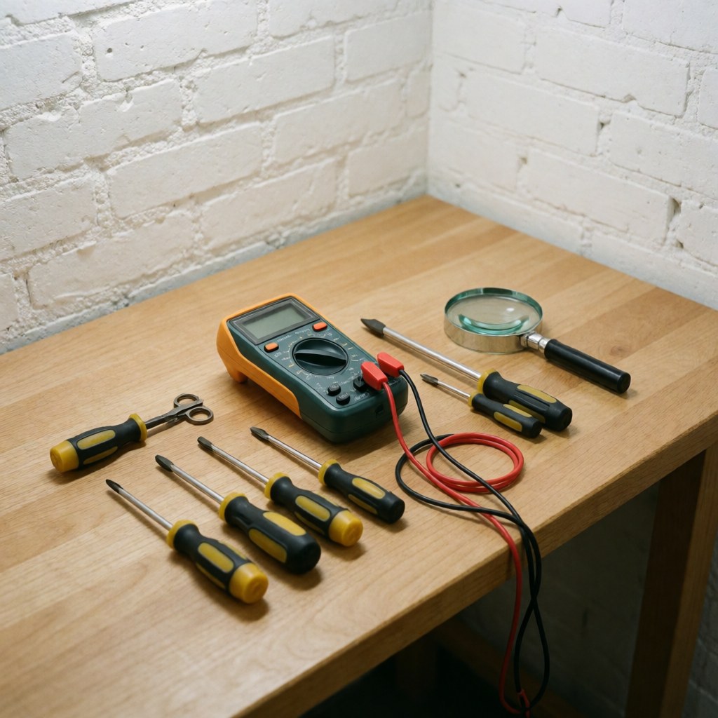 Vue rapprochée d'outils de diagnostic professionnels disposés sur un établi en bois, incluant un multimètre, des tournevis et une loupe pour réparation électronique.