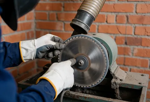Un technicien portant des gants de sécurité utilise une meule pour affûter une scie circulaire dans un atelier avec mur en briques et extraction de poussière.