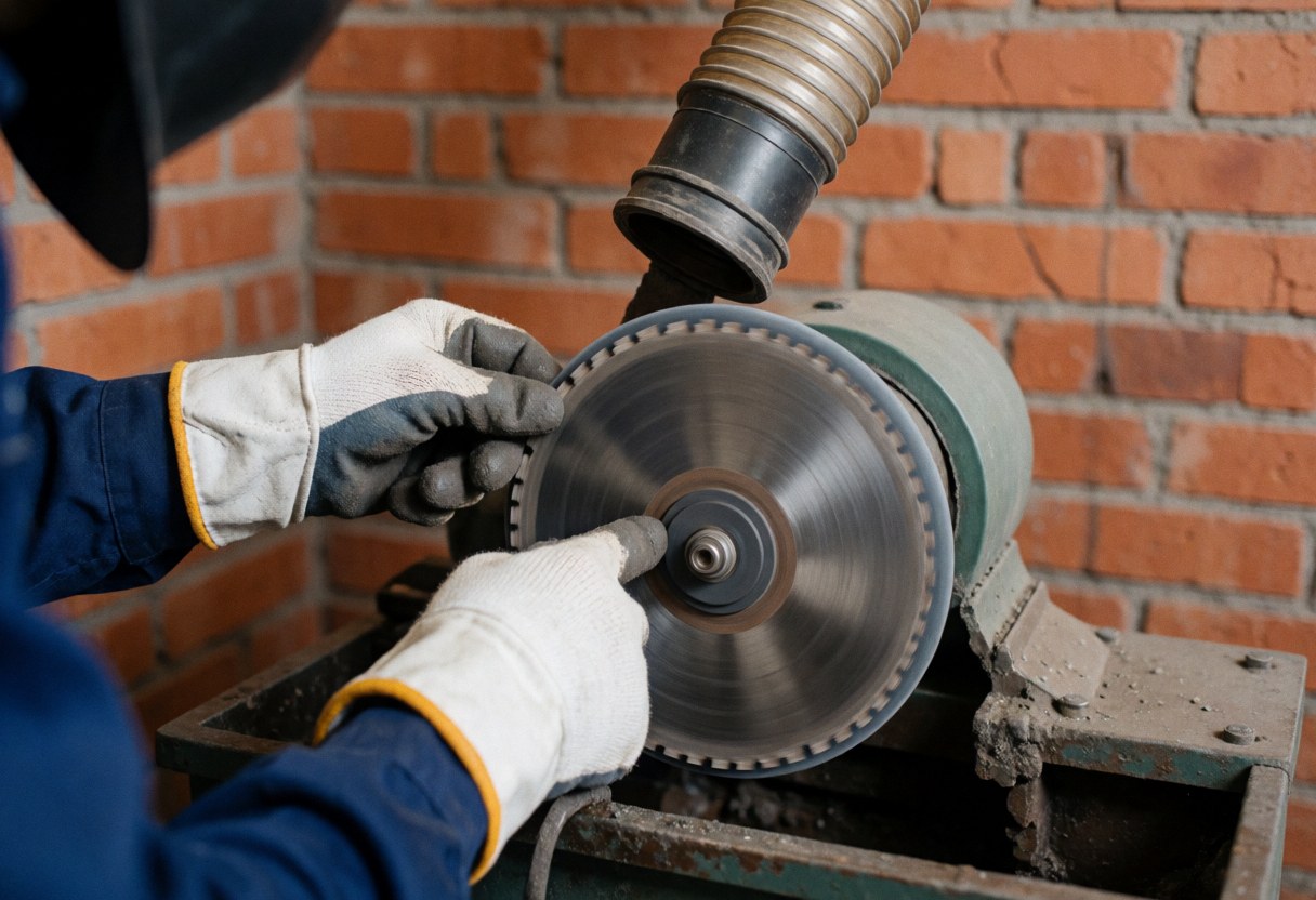 Un technicien portant des gants de sécurité utilise une meule pour affûter une scie circulaire dans un atelier avec mur en briques et extraction de poussière.