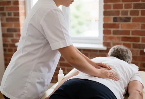 Un professionnel applique du gel thérapeutique sur le dos nu d'un patient allongé sur une table de massage dans un cabinet.