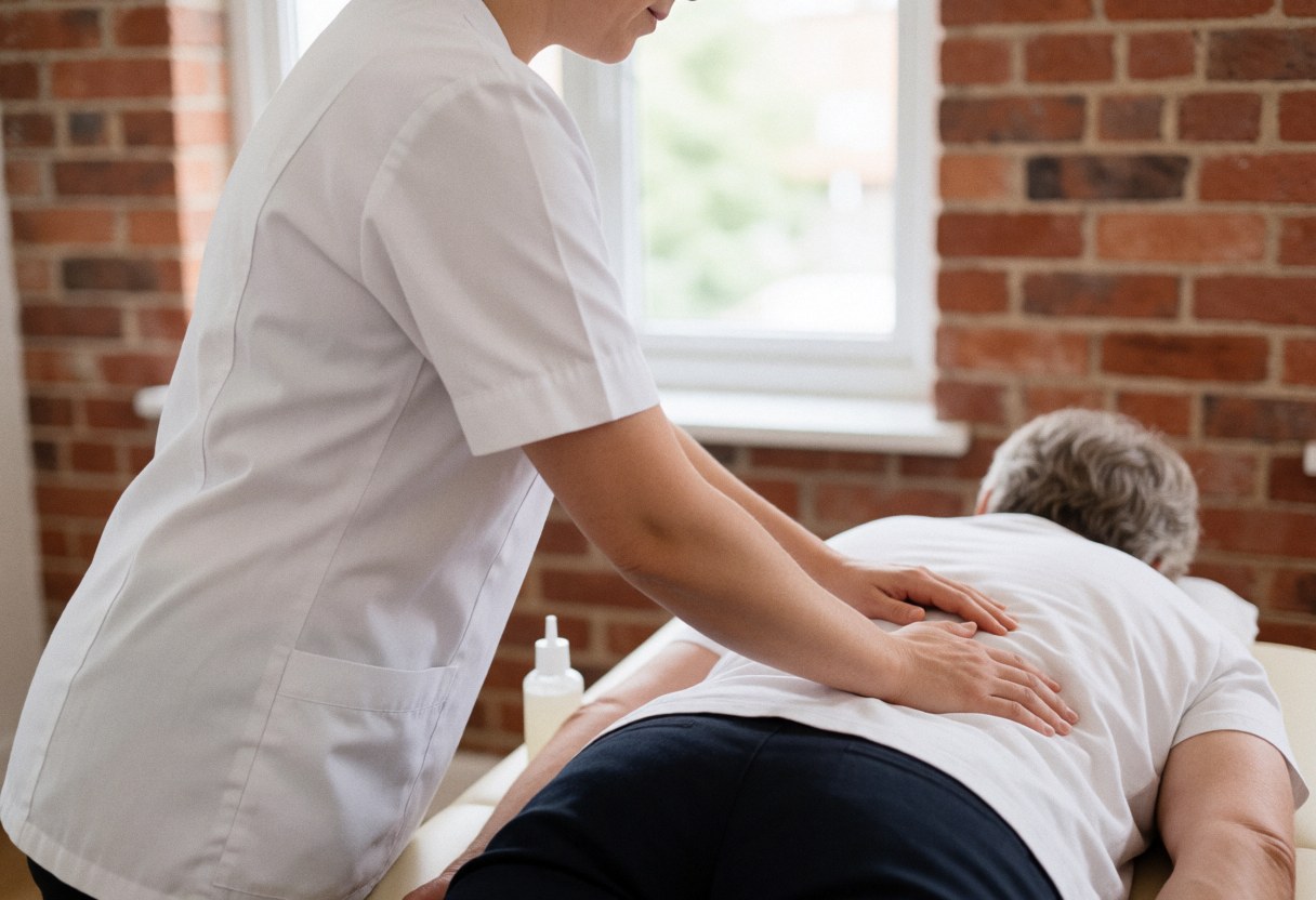 Un professionnel applique du gel thérapeutique sur le dos nu d'un patient allongé sur une table de massage dans un cabinet.