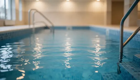 Vue d'une piscine intérieure dédiée à l'hydrothérapie, avec de l'eau calme, des carreaux au sol et une barrière de sécurité en métal.
