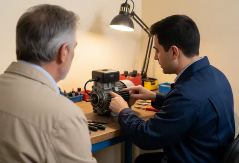 Un technicien effectue un diagnostic sur un moteur en atelier avec des outils de précision pour établir un devis.