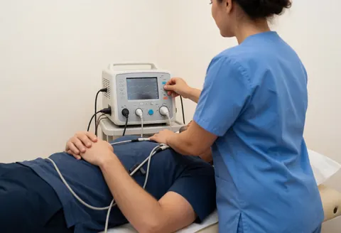 Un physiothérapeute en uniforme bleu règle un électrostimulateur connecté à un patient allongé sur une table de traitement. L'appareil affiche des ondes dans un environnement professionnel.