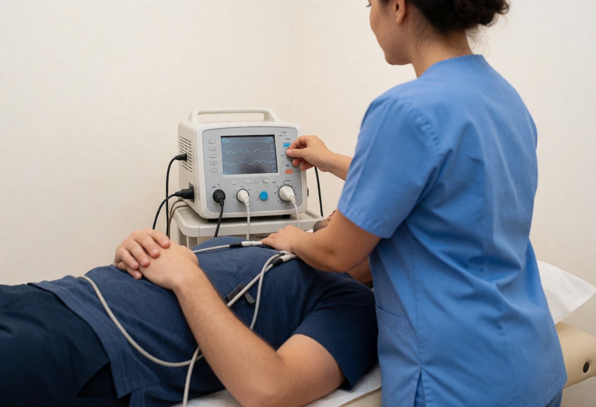 Un physiothérapeute en uniforme bleu règle un électrostimulateur connecté à un patient allongé sur une table de traitement. L'appareil affiche des ondes dans un environnement professionnel.