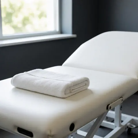 Une table de massage propre et bien préparée, recouverte d'une serviette blanche pliée, prête pour une séance de thérapie manuelle ou de soins corporels en cabinet professionnel.