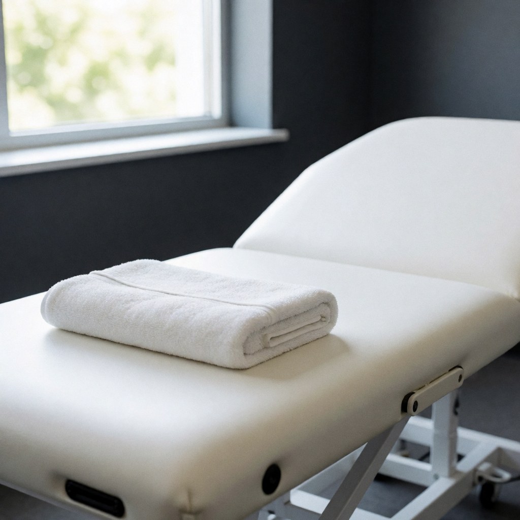 Une table de massage propre et bien préparée, recouverte d'une serviette blanche pliée, prête pour une séance de thérapie manuelle ou de soins corporels en cabinet professionnel.