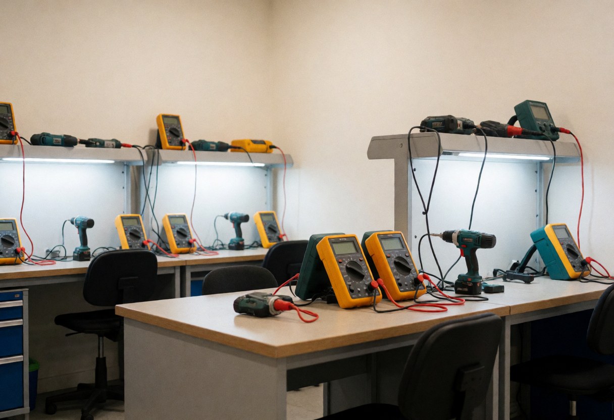 Outils électriques et multimètres disposés sur des tables de travail dans un atelier professionnel aux murs blancs, éclairage pratique et environnement ordonné.