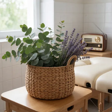 Des herbes aromatiques disposées à côté d'une radio vintage sur une surface en carreaux blancs.