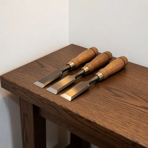 Ciseaux à bois restaurés disposés avec ordre sur une surface claire, évoquant un atelier de charpenterie et la précision des outils de travail du bois.