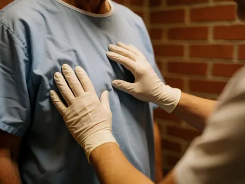 Gros plan des mains gantées d'un professionnel effectuant une palpation sur le torse nu d'un patient dans un cadre médical.