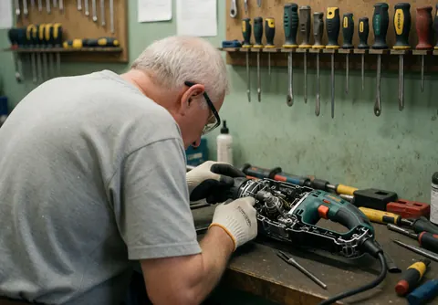 Un technicien examine attentivement un outil électrique dans son atelier pour vérifier son état ou effectuer une réparation.