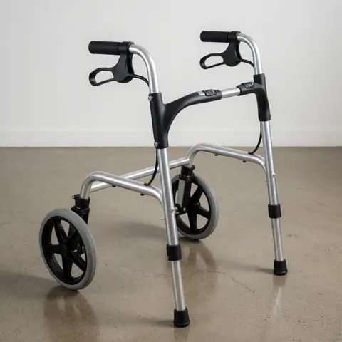 Caminador moderne en aluminium avec grandes roues et poignées noires sur sol brillant dans un environnement minimaliste.