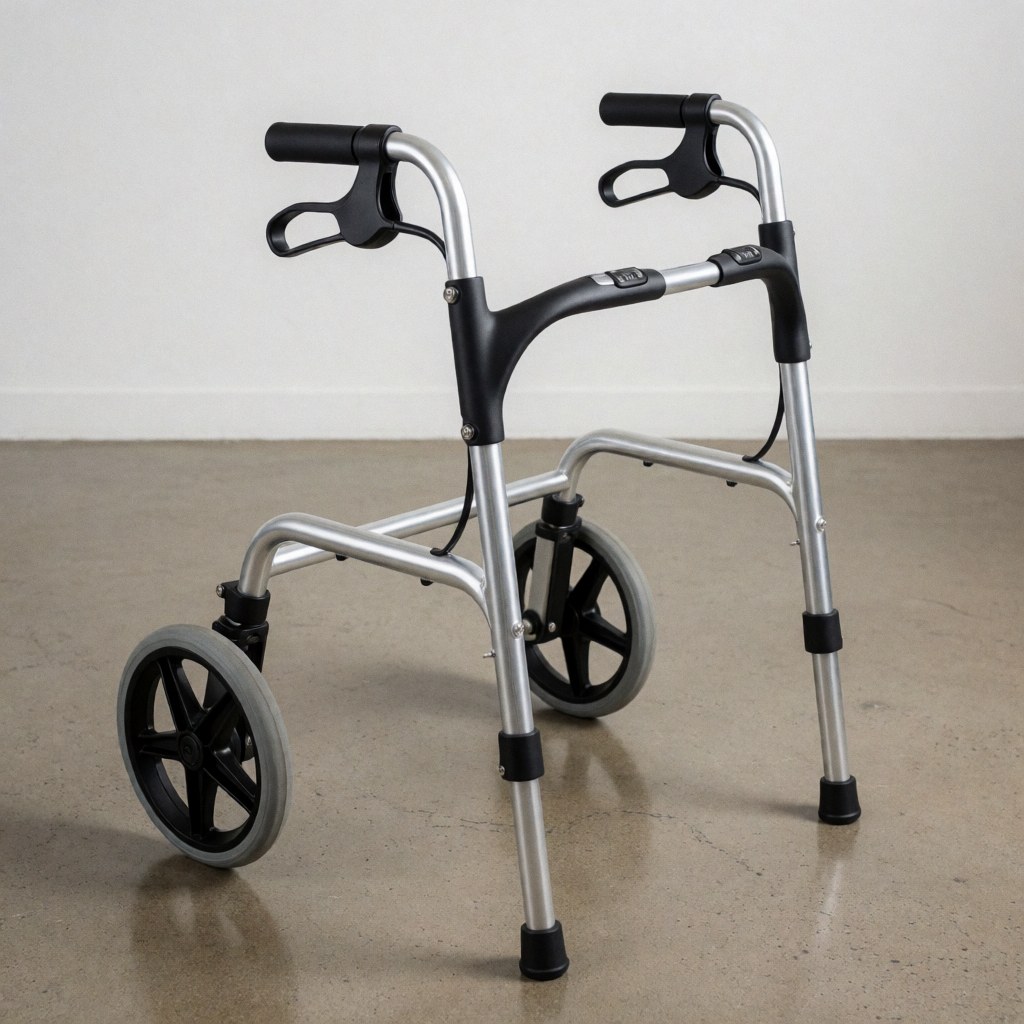 Caminador moderne en aluminium avec grandes roues et poignées noires sur sol brillant dans un environnement minimaliste.
