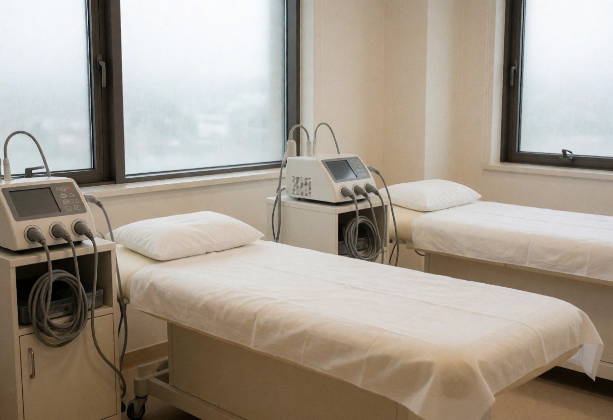 Salle de traitement équipée de deux lits couverts de draps blancs, machines d'électrothérapie avec câbles et électrodes, fenêtres laissant entrer la lumière naturelle, ambiance propre et professionnelle.