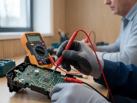 Un technicien portant des gants vérifie un circuit à l'aide d'un multimètre. Les mains, les outils et les détails du circuit sont visibles en premier plan avec un fond flou et une lumière naturelle.