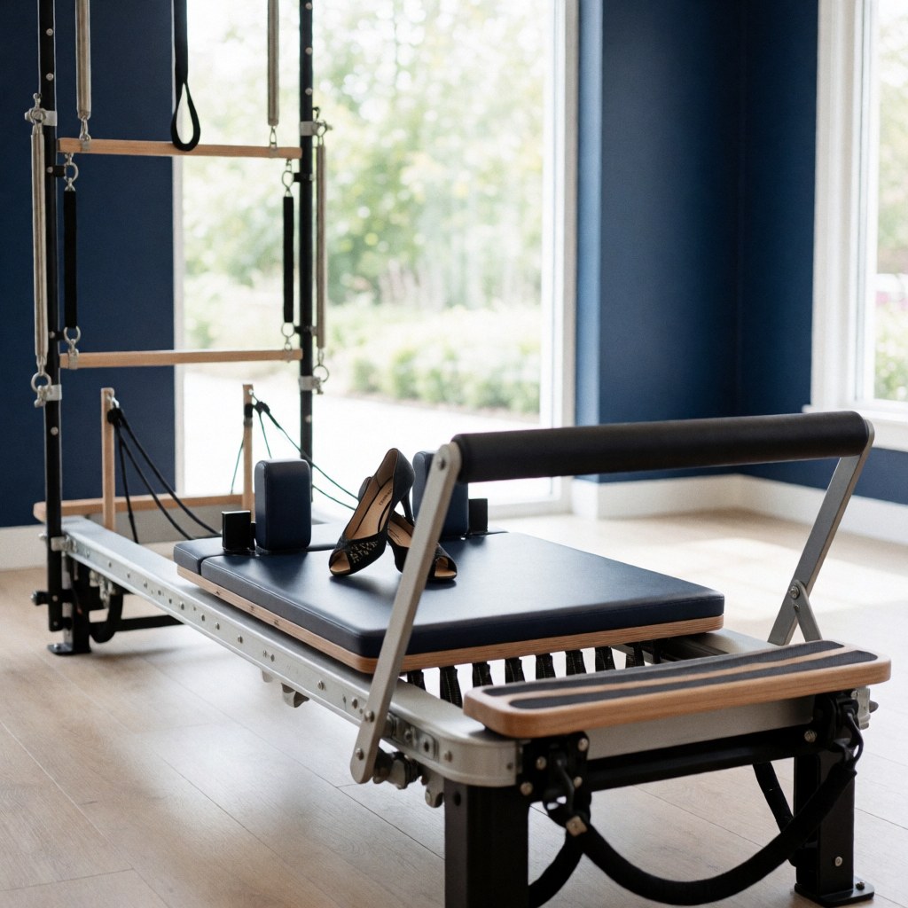 Un reformeur de pilates équipé de chaussures de tango posées sur la machine dans un studio moderne.