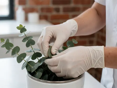 Des mains portant des gants blancs déposent des feuilles d'eucalyptus fraîches dans une tasse à vapeur sur une table blanche, avec un mur de briques rouges en arrière-plan.