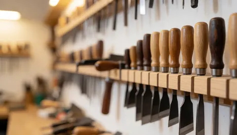 Une main tient fermement un couteau de menuisier au premier plan, avec un arrière-plan flou composé d'outils de travail organisés.