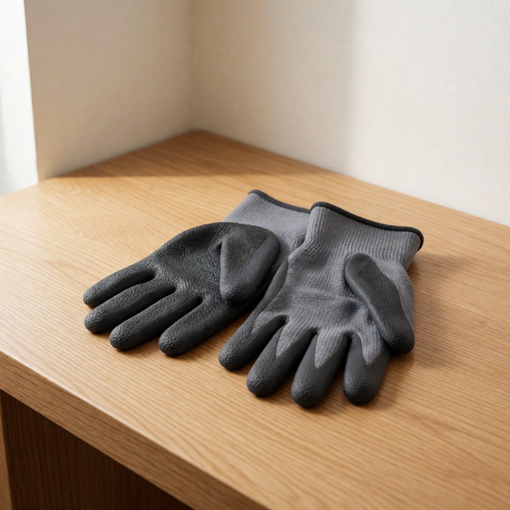 Gants de protection gris charbon sur une table en bois clair, avec texture antidérapante et renforts aux knuckles, éclairage naturel, pour réparation d'outils.