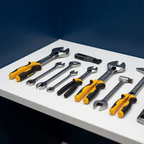 Vue de dessus d'outils de réparation tels que clés, tournevis et marteau disposés proprement sur une surface blanche avec un mur bleu en arrière-plan.
