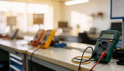 Un multimètre numérique posé sur une table d'atelier avec des bancs d'essai et des outils en arrière-plan flou, idéal pour illustrer les services de réparation électrique.