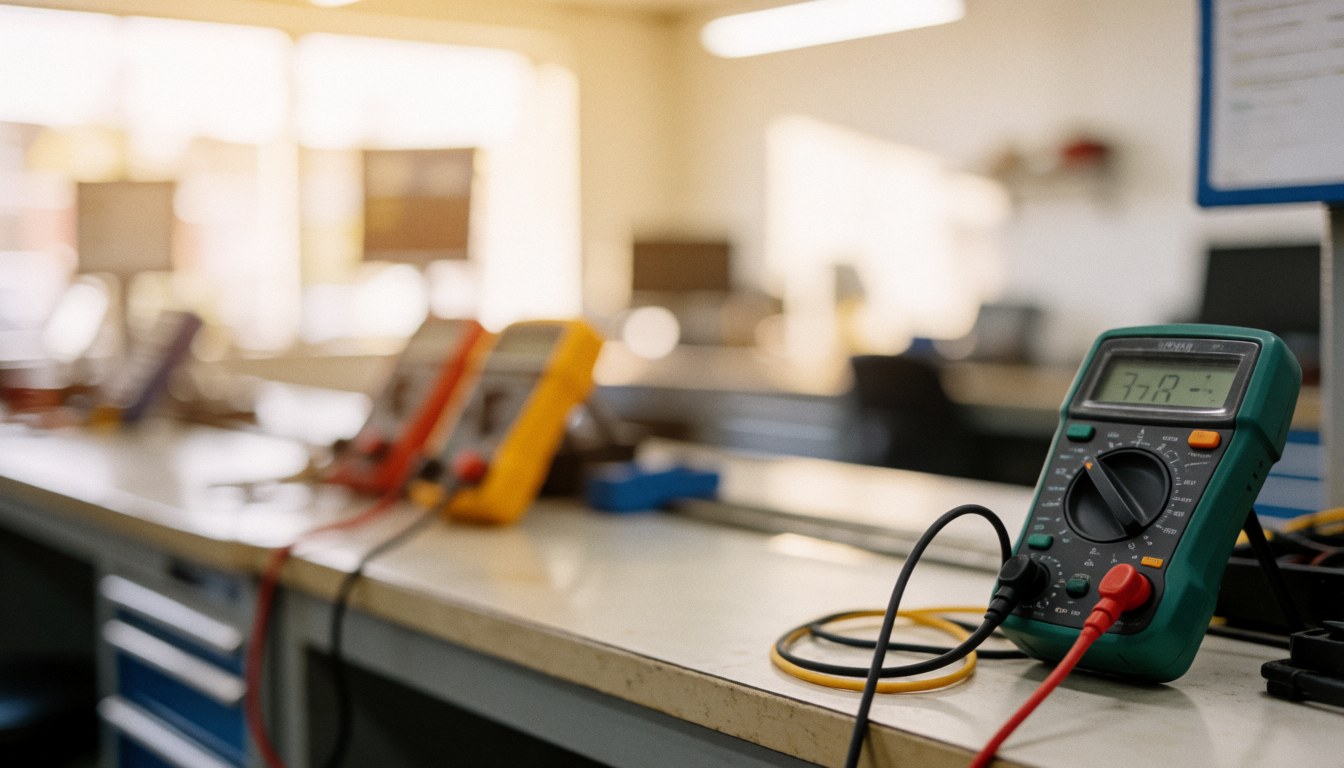 Un multimètre numérique posé sur une table d'atelier avec des bancs d'essai et des outils en arrière-plan flou, idéal pour illustrer les services de réparation électrique.