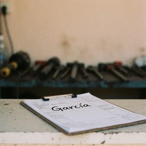 Ticket de service manuscrit avec le nom Garcia posé sur un porte-documents dans un atelier, avec des outils en arrière-plan sur des murs beige.