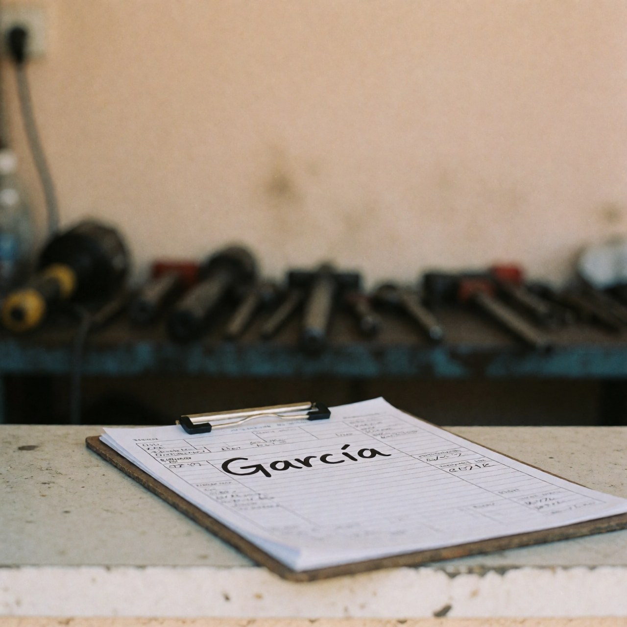 Ticket de service manuscrit avec le nom Garcia posé sur un porte-documents dans un atelier, avec des outils en arrière-plan sur des murs beige.