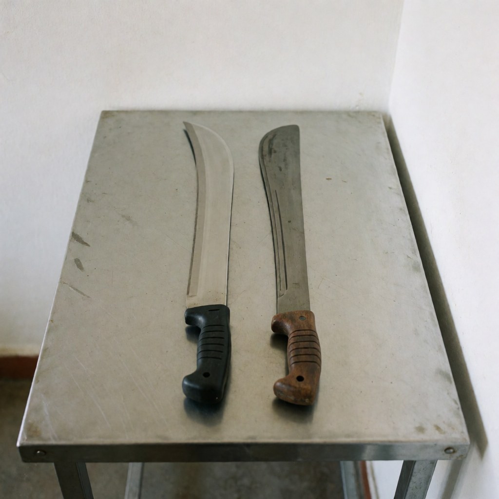 Couteau, machette et outils agricoles disposés sur une table métallique avec un fond blanc uni pour la présentation du produit.