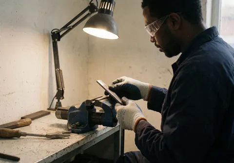 Un technicien en gants et lunettes de sécurité examine attentivement le bord d'un outil tranchant sur un établi éclairé par une lampe de travail.