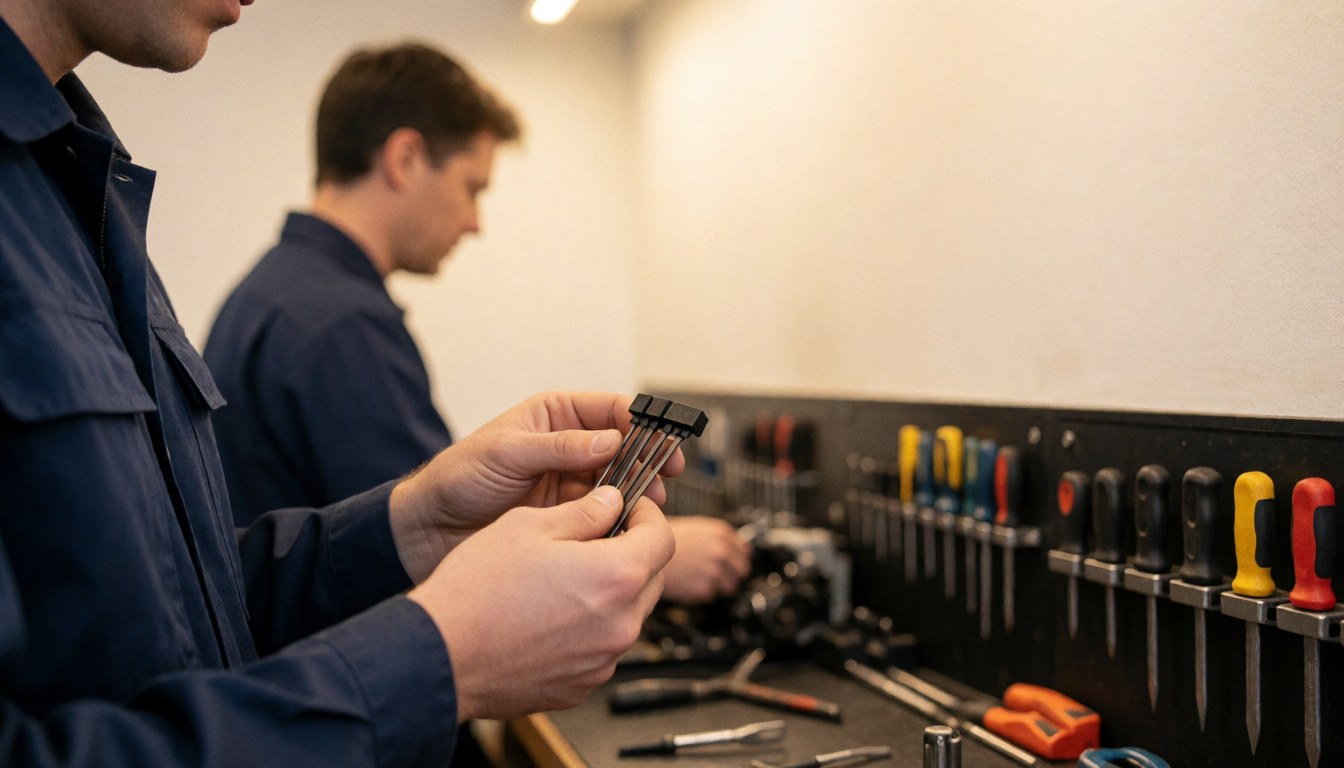 Un technicien professionnel effectuant la réparation d'un moteur avec des outils spécialisés dans un atelier bien éclairé.