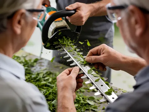 Un professionnel nettoie et affûte les lames d'une tondeuse à haies pendant que deux personnes observent, avec des feuilles vertes sur la table.