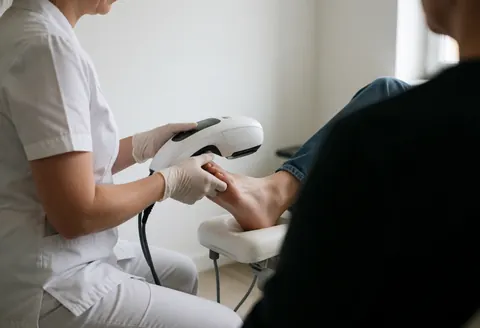 Un podologue en uniforme blanc et gants utilise un appareil de numérisation 3D sur le pied d'un client dans un cabinet moderne.