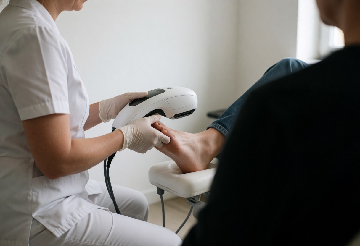 Un podologue en uniforme blanc et gants utilise un appareil de numérisation 3D sur le pied d'un client dans un cabinet moderne.