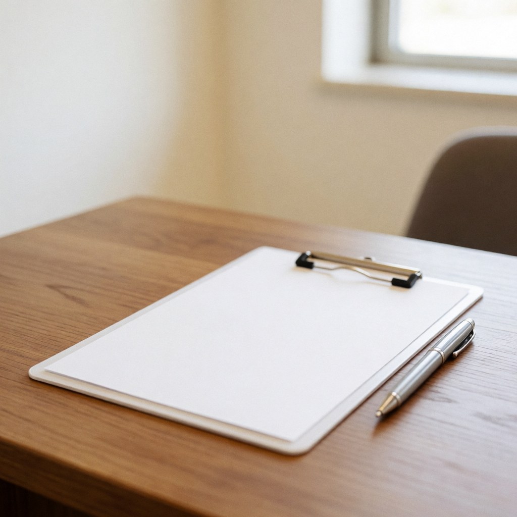 Un dossier médical blanc posé à plat sur un bureau en bois, accompagné d'un stylo bleu, évoquant la gestion administrative et le bien-être corporel.
