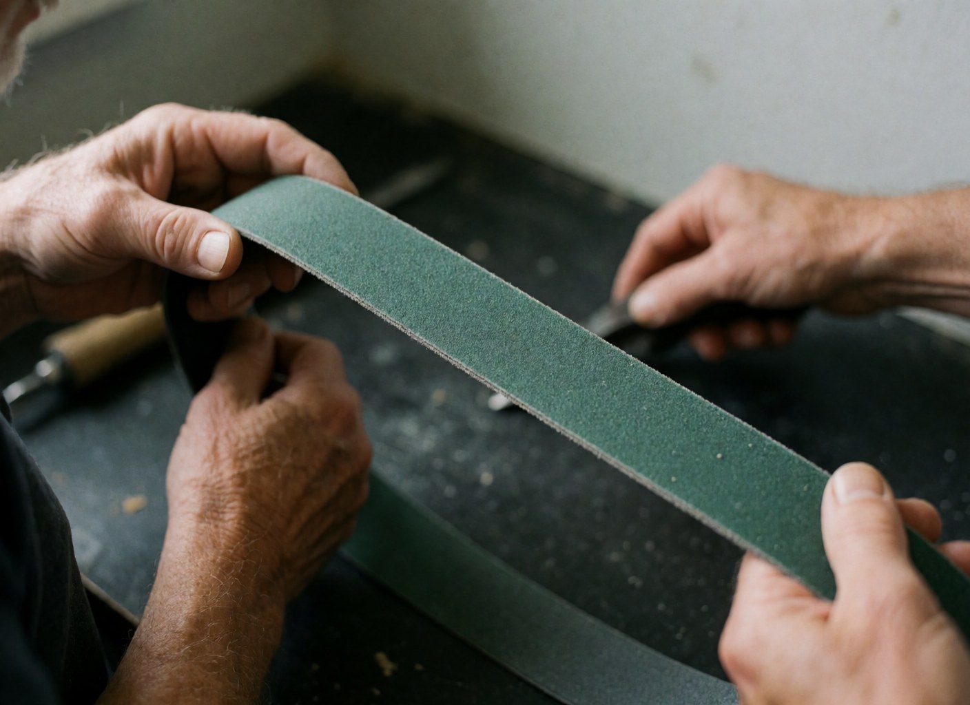 Mains tenant une bande abrasive verte avec grain visible dans un atelier au fond flou pour réparation d'outils.
