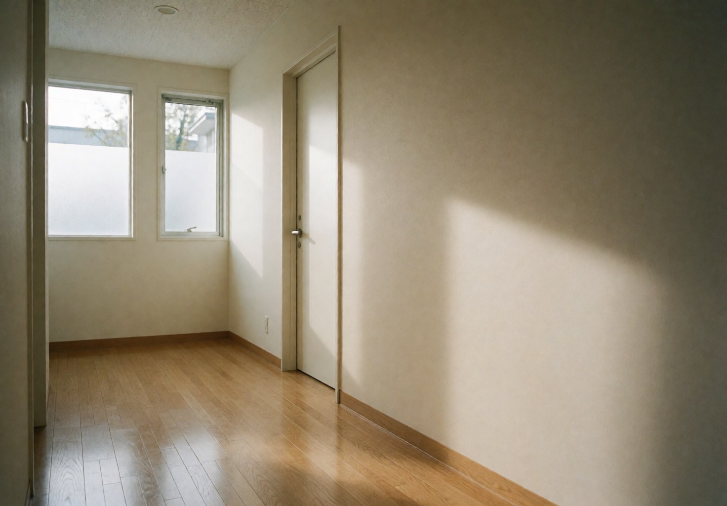 Un couloir spacieux et vide avec un sol en bois clair, des murs blancs et une fenêtre laissant entrer la lumière naturelle.