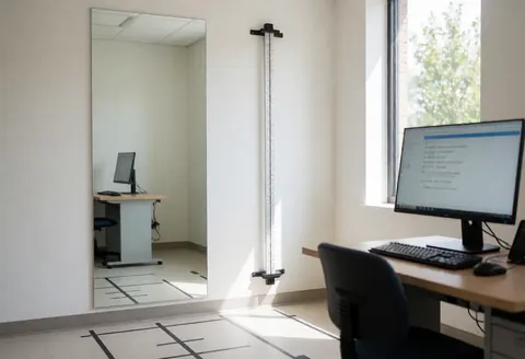 Vue intérieure d'une salle d'analyse moderne équipée d'un grand miroir, d'un bureau avec ordinateur et d'outils de mesure pour l'évaluation posturale.