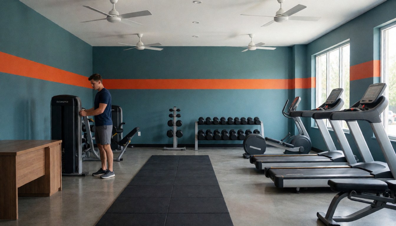 Intérieur d'un gymnase moderne et épuré, équipé de machines de cardio-training et de poids libres, baigné de lumière naturelle.
